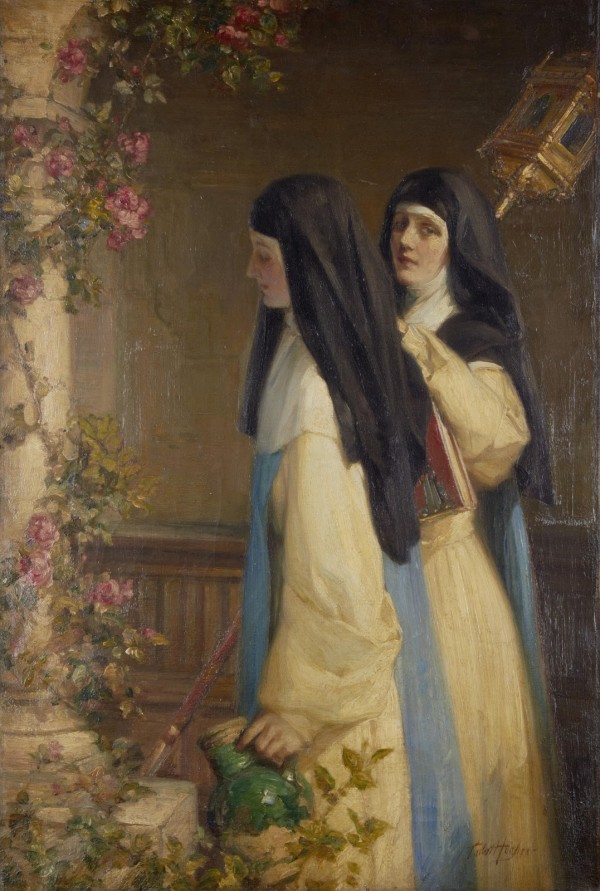 Two nuns in a cloister by Talbot Hughes
